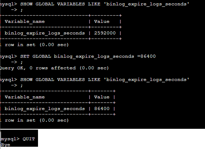  Old terminal notes showing SET GLOBAL binlog_expire_logs_seconds being changed from 2592000 to 86400l
