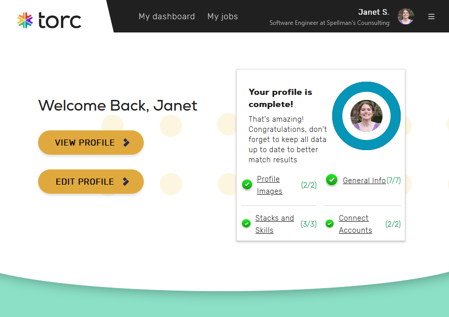 screenshot of the dashboard page for Torc, which says if you profile is complete or not